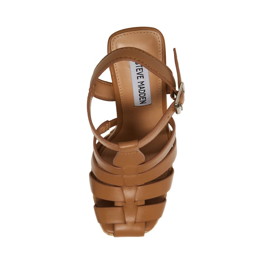 Brown Steve Madden Gallery Leather Women's Heels Sandals | PH 5827L16M